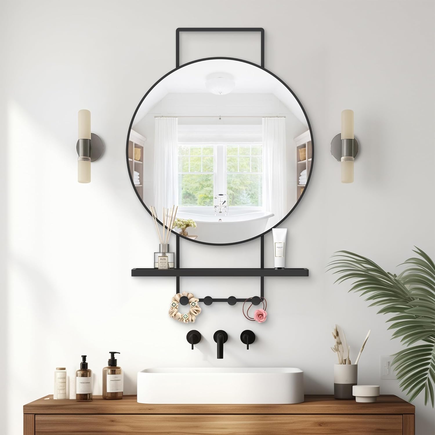 BEAUTME Wall Mirror with Shelf and Hooks, 32x22 Inch Metal Framed Round Bathroom Mirrors with Shelf, Modern Farmhouse Wall Decor for Living Room Bedroom Entryway, Vertical (Black)