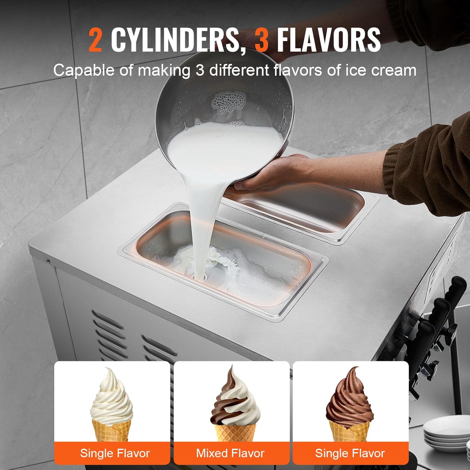 Image showing liquid mix being poured into the ice cream machine hoppers, with examples of three different ice cream flavors