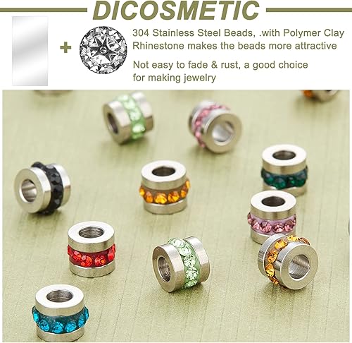 Miniatura 4 de DICOSMETIC 32 cuentas europeas de diamantes de imitación de 8 colores: cuentas sueltas redondas de acero inoxidable para manualidades, pulsera,