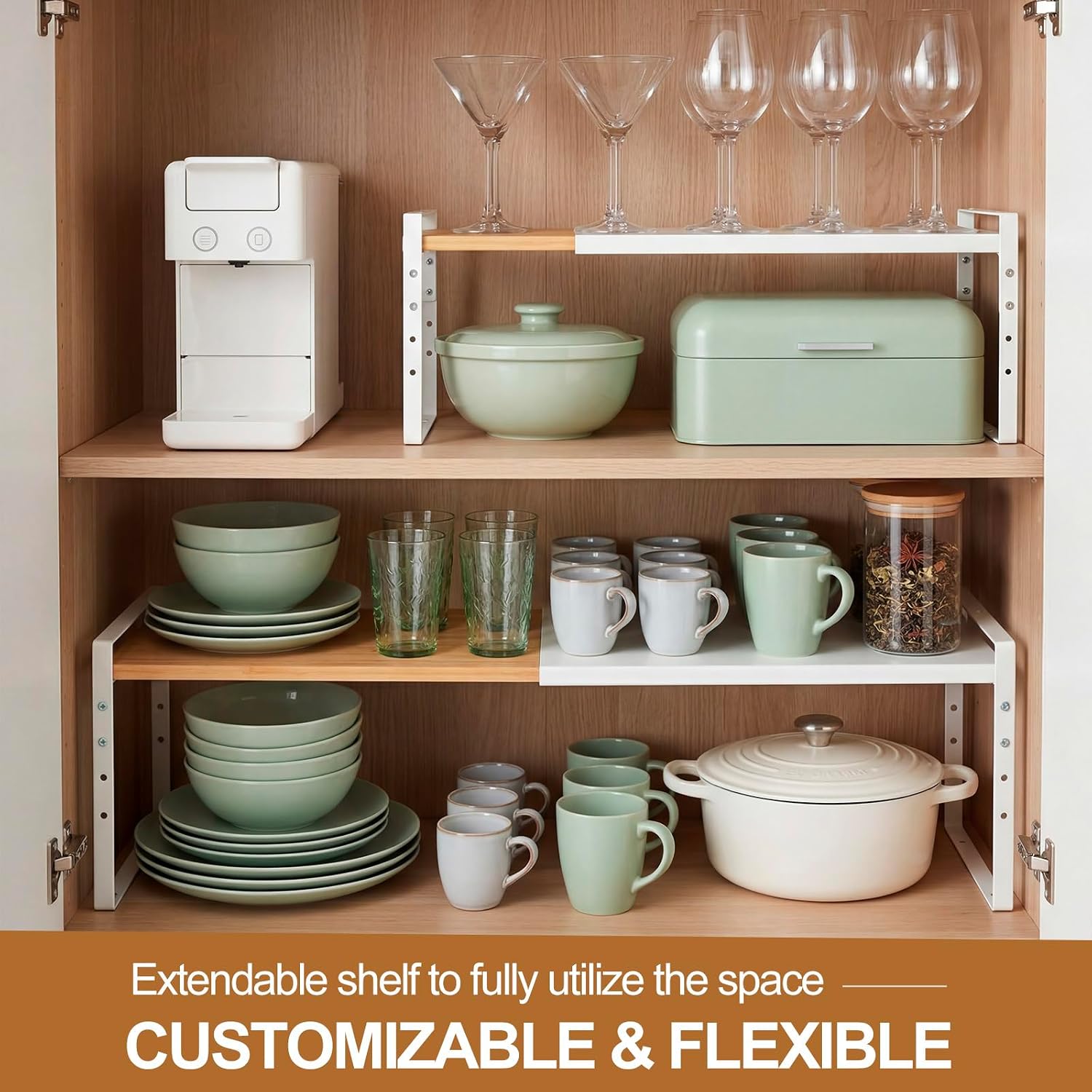 Blulu 2 Pack 13-24.4" Expandable Kitchen Cabinet Shelf Organizer Bamboo & Metal Heavy Duty Adjustable 5-7.7" h Shelf Riser Space-saving Stackable Storage Organizers Rack for Kitchen Cabinet Cupboard