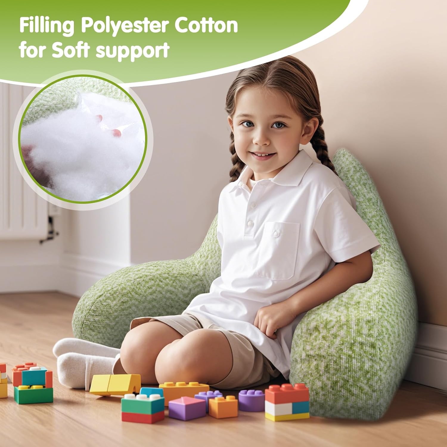 Kids Reading Pillow, Corduroy Back Rest Pillow for Bed Sitting Up, Back Support with Arms for Couch Filling Polyester Cotton, Loungepillow for Kids Study/Gaming(Light Green)