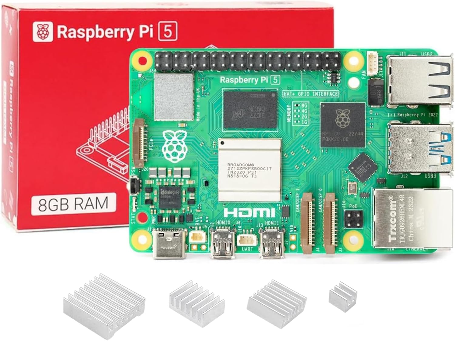 WayPonDEV Compatible with Raspberry Pi 5 8GB Starter Kit, Broadcom BCM2712 Arm Cortex-A76 2.4GHz Quad-core Pi 5 Single Board Computer, Support Dual 4Kp60 Display with Heatsinks 4pcs (8GB RAM)