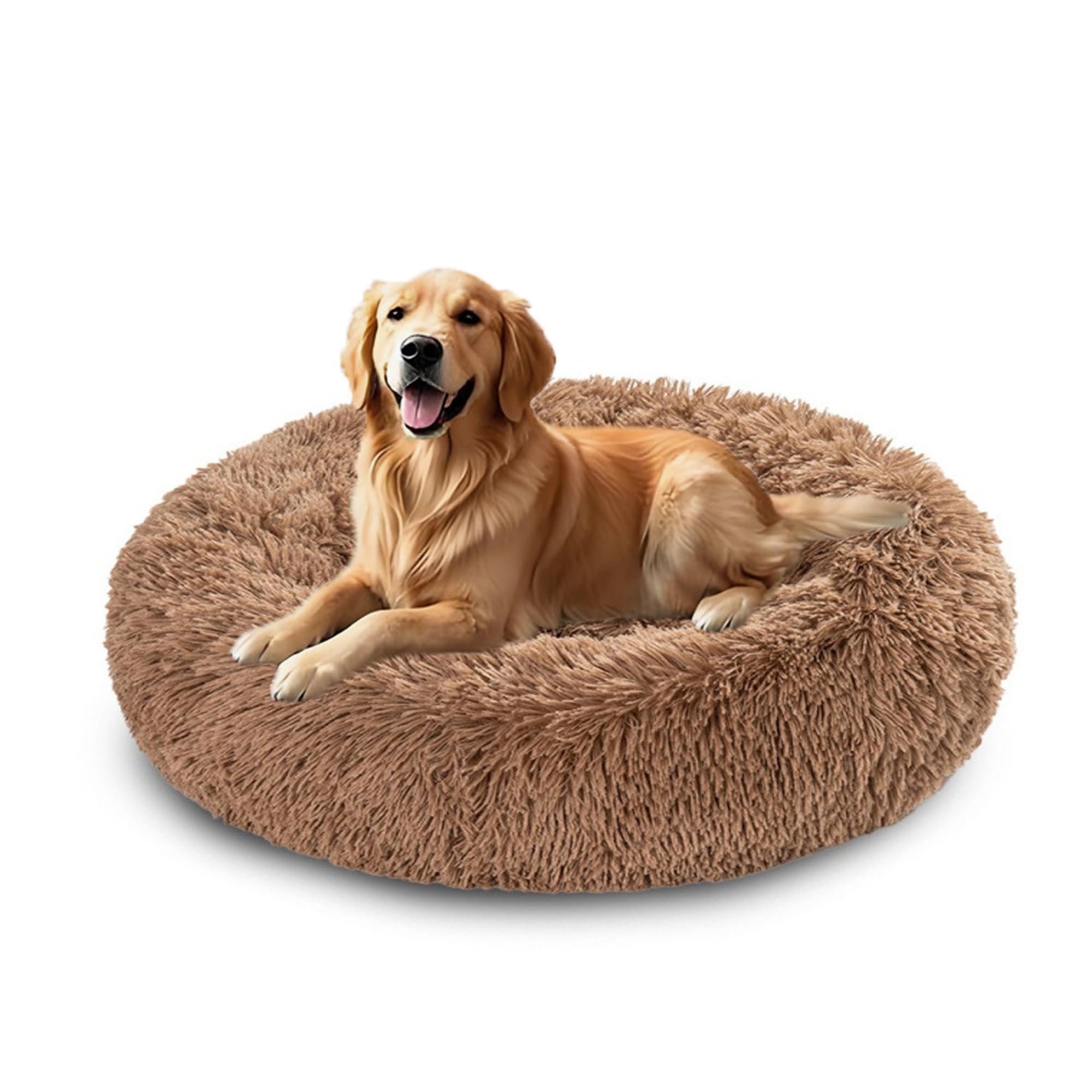 Coussin rond en peluche auto-chauffant - Lavable en machine - Grand format en forme de beignet - Tapis apaisant pour chiot et chiot avec base antidérapante (110 cm, kaki)