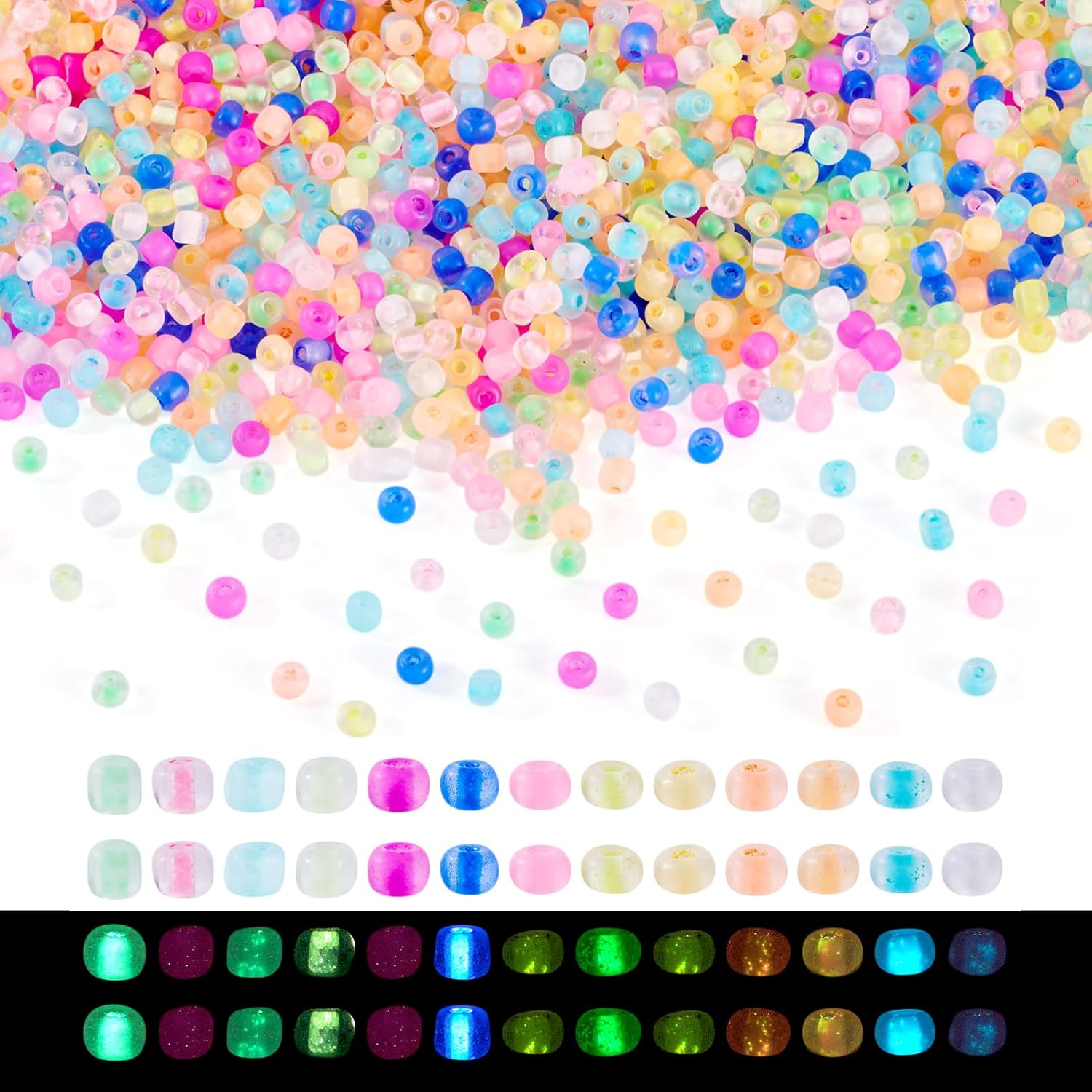 FASHEWELRY 1300Pcs 4mm Glass Seed Beads Glow in The Dark 6/0 Rondelle Frosted Embroider Beads Mini Loose Bead Spacers Bulk for Bracelet Earring Necklace Jewelry Making Supplies