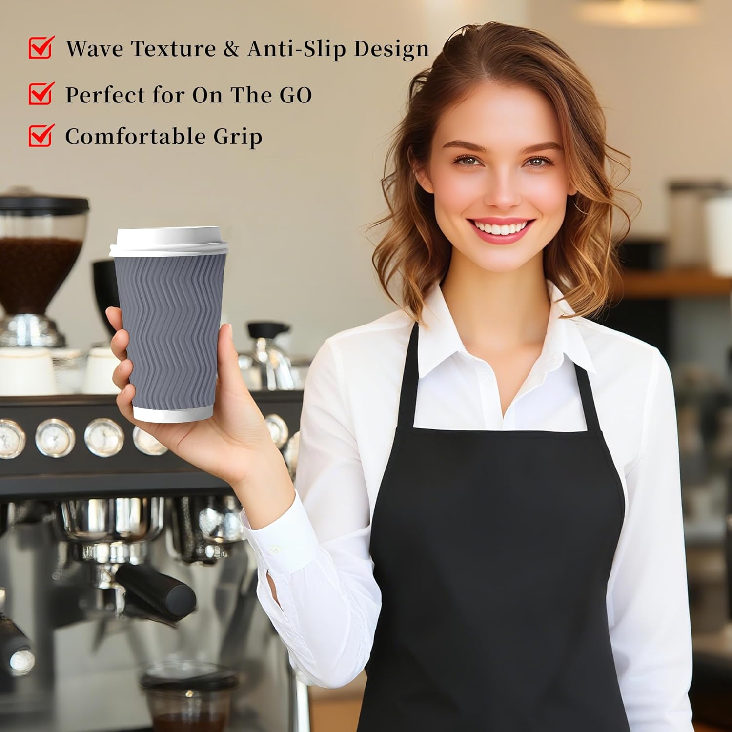 100 Set - 16 oz Coffee Cups with Lids, Disposable Insulated Corrugated Paper Cups, Double Wall Ripple To Go Cups for Hot Drinks, Chocolate, Cocoa (Grey)