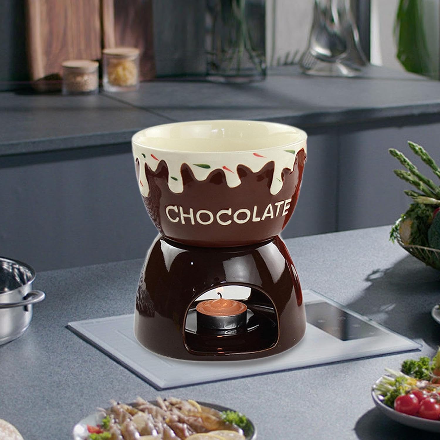 Fondue Melting Pot Set for Chocolate and Cheese, Butter Warmer Bowl, Brown