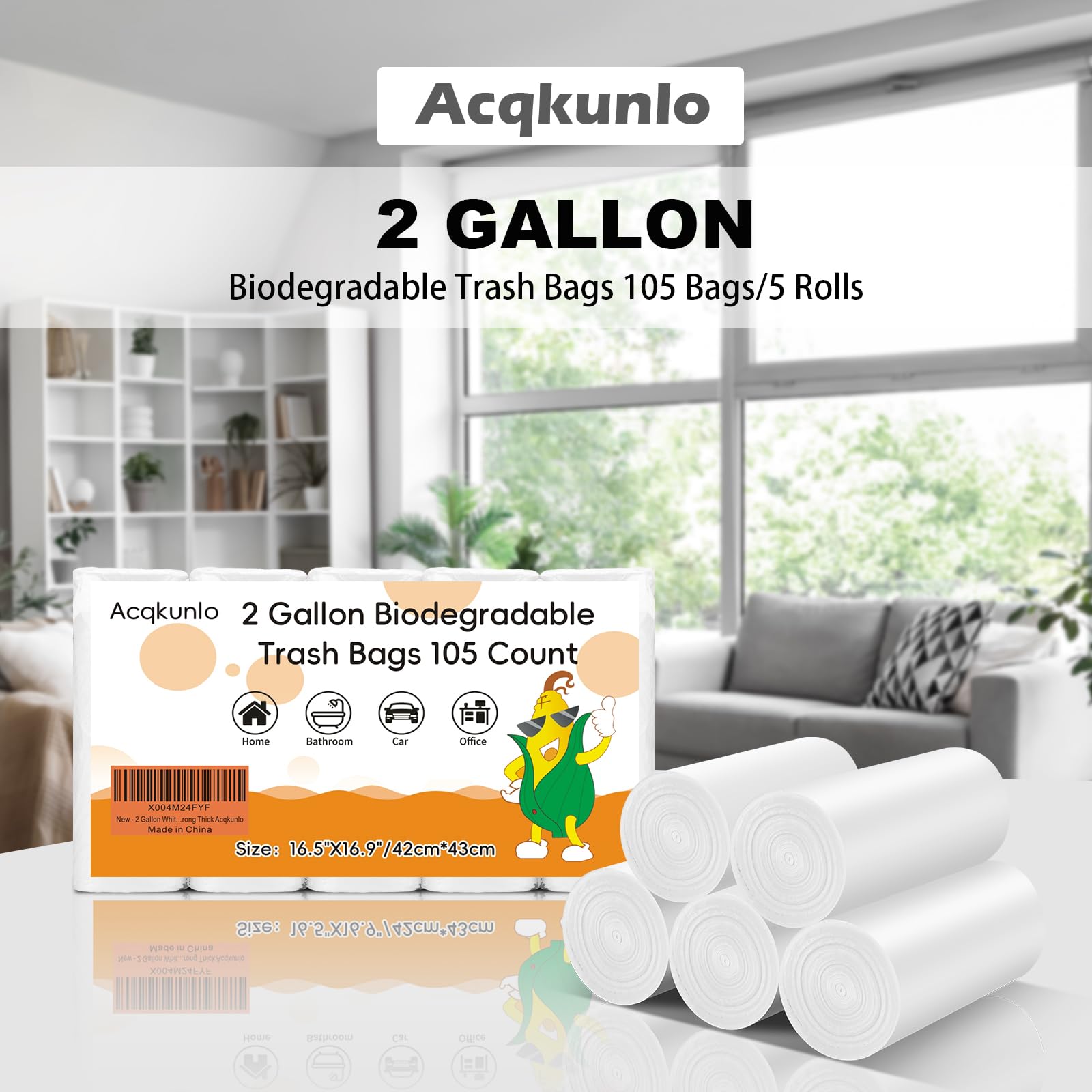 Bolsa de basura pequeña biodegradable de 2 galones, mini bolsas de basura para baño, cocina, oficina, coche, 105 unidades, 7.5 L, sin perfume, compostables, a granel, fuertes y gruesas Acqkunlo
