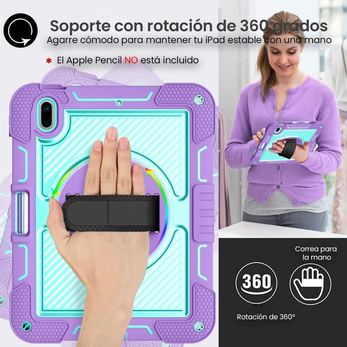 Heavy Duty Case Compatible with iPad 10.2 Inch 7/8 Generation 2019 2020 Hand Handle 360° Rotating Stand Adjustable Shoulder Strap Shockproof Protector (Aqua)