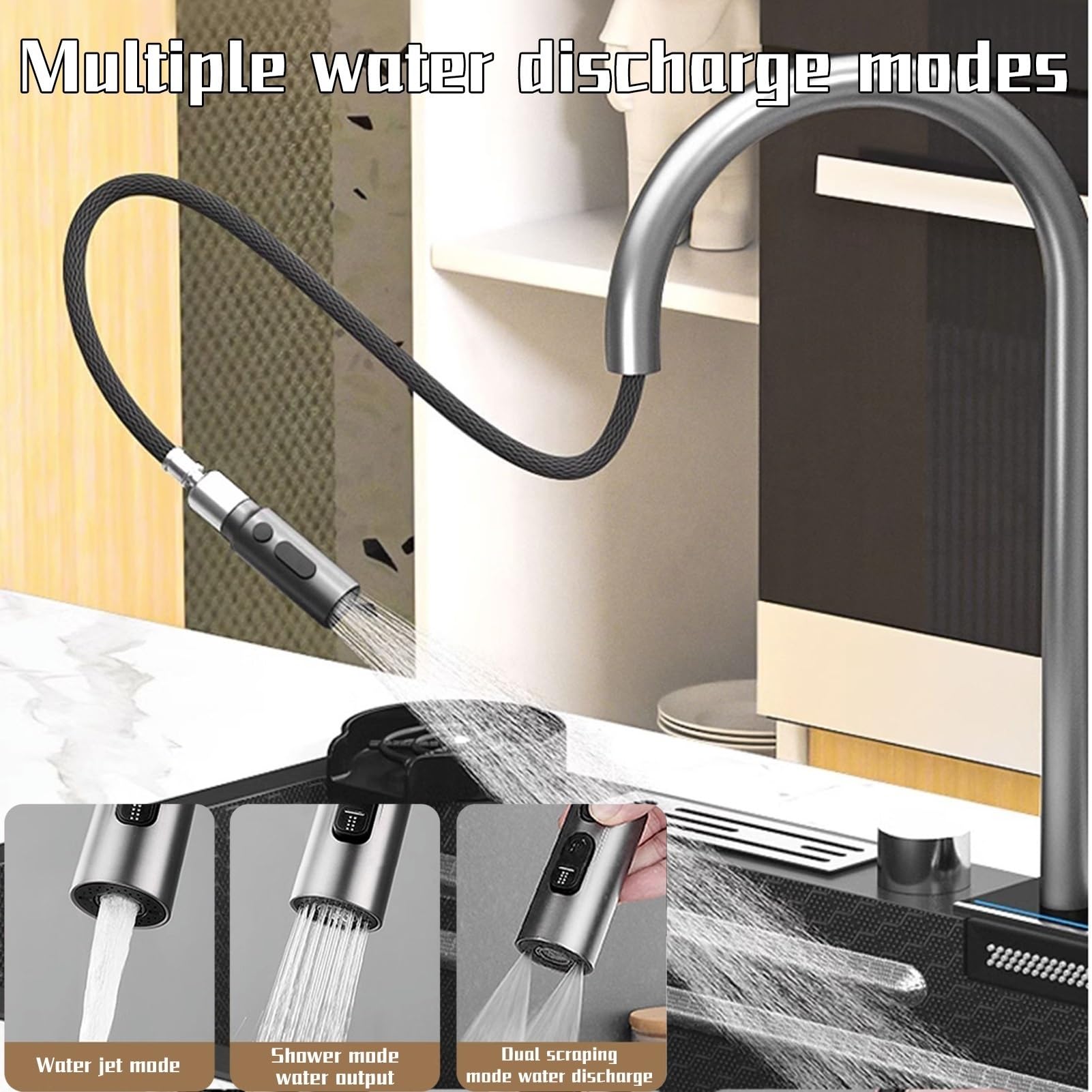 Lavelli da Cucina in Acciaio Inossidabile Set 304 Inossidabile Nano Raindance Lavello a Cascata con Rubinetto Estraibile Rondella a Pressione Lavello in Rilievo (Nero, 80x46CM)