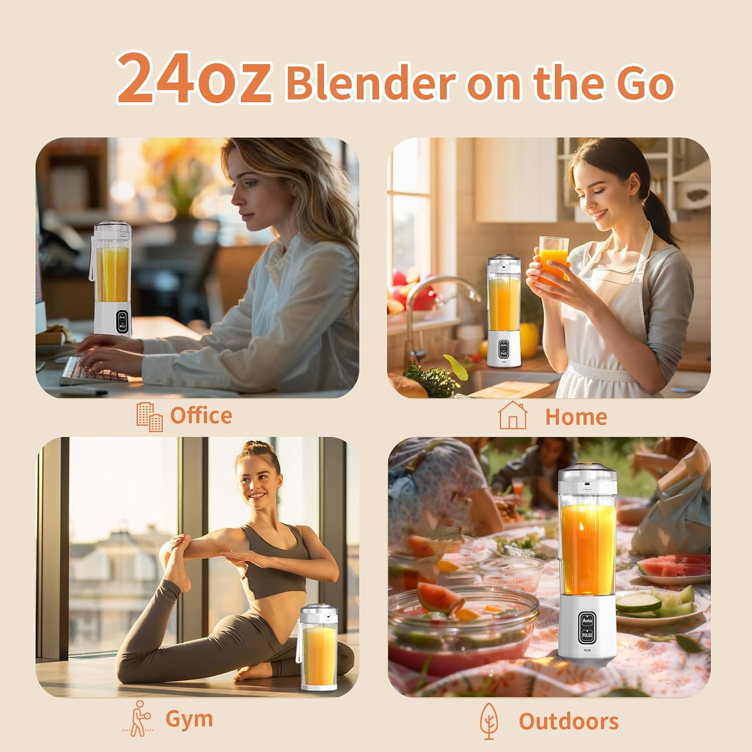 Portable Blender, 360 Watt Personal Blenders with Pulse Mode, Shakes and Smoothies, 6000mAh, BPA Free 24 Oz Blender Cup with 6 Blades and Lid, USB-C, Self Cleaning Portable Juicer For Travel, White