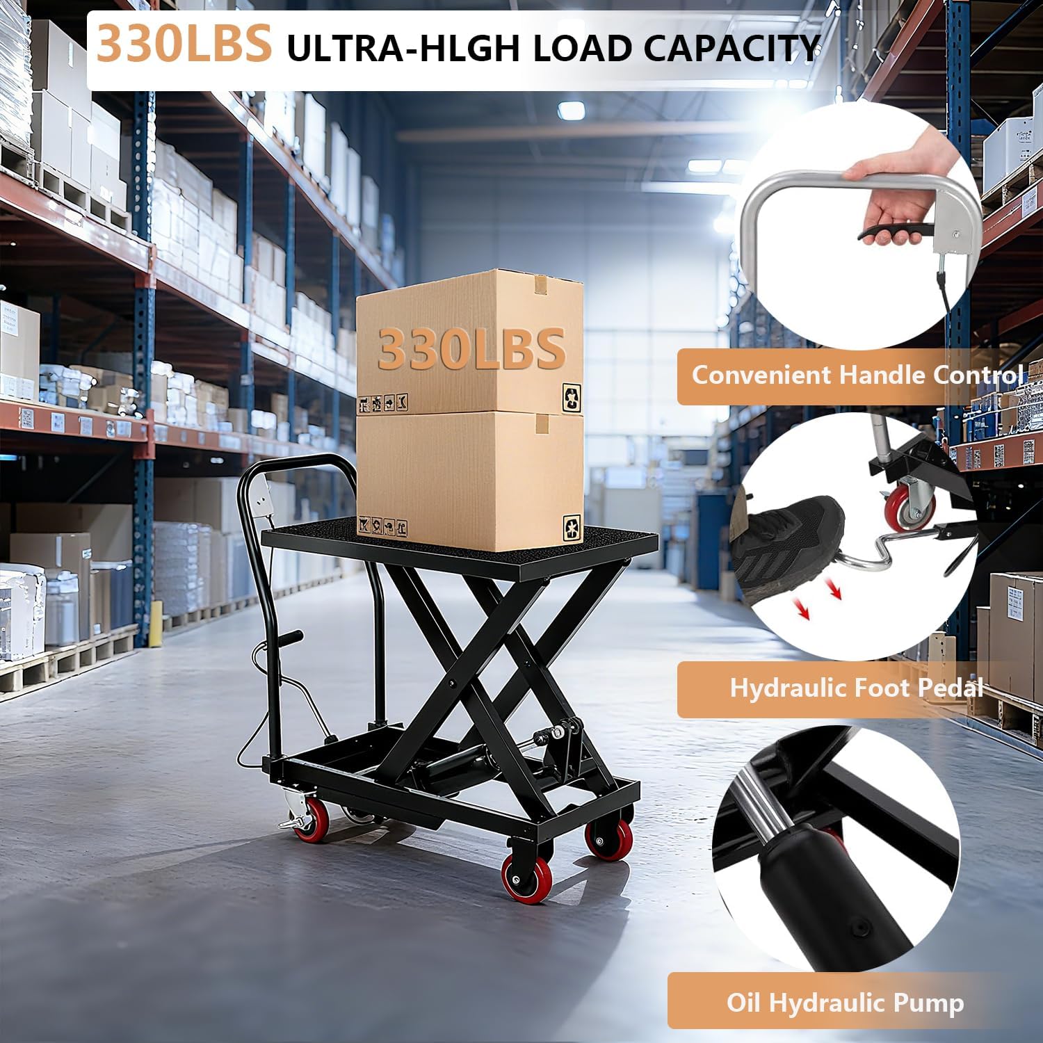 Carro elevador de 230 kg de carga, mesa elevadora hidráulica de 28 – 72 cm, plataforma elevadora con 4 ruedas y plataforma de goma de 71 x 46 cm, elevador de tijera para fábricas, almacenes
