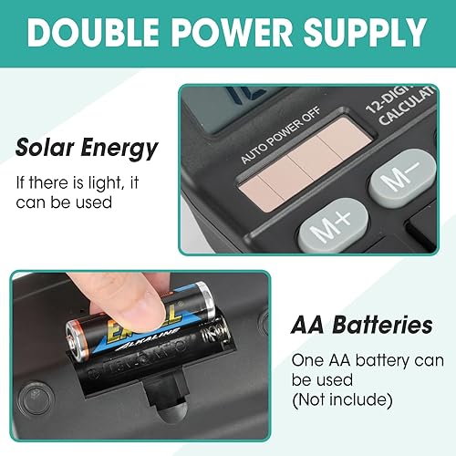 Miniatura 3 de Paquete de 2 calculadoras a granel, calculadoras de escritorio de 12 dígitos con pantalla LCD grande y botón sensible, energía solar y de batería