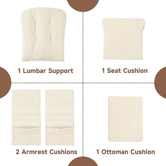 MABOZOO 5 PCS Corduroy Glider Rocker Replacement Cushions with Storage Side Pocket,Foam & Microfiber Filling, Non-Slip & Washable,Thickened & Supportive Rocking Chair Cushion Set(Beige)