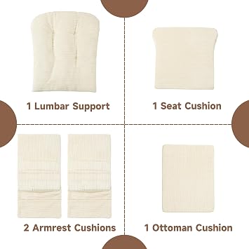MABOZOO 5 PCS Corduroy Glider Rocker Replacement Cushions with Storage Side Pocket,Foam & Microfiber Filling, Non-Slip & Washable,Thickened & Supportive Rocking Chair Cushion Set(Beige)
