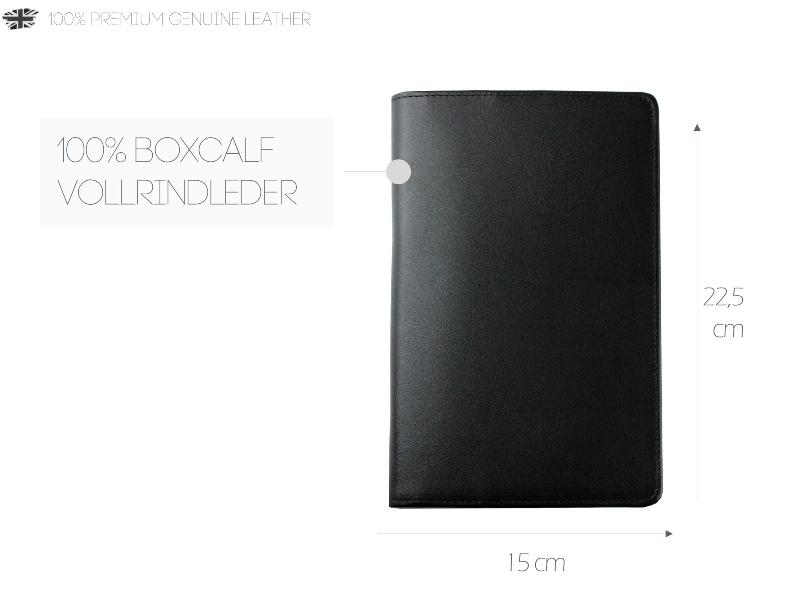 DELMON VARONE - Personalisierbares Notizbuch Etui DIN A5 aus Boxcalf Premium Leder schwarz, Blanko Buch punktiert im Hardcover Ledereinband mit Stiftschlaufe, Einschubfächer und Merkband