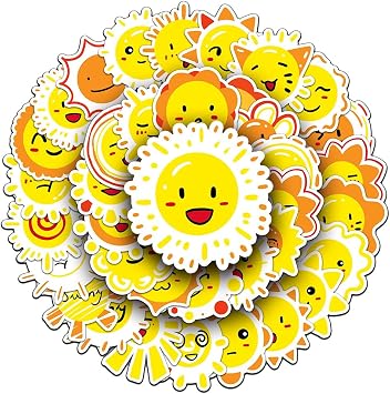 50 Pcs Cartoon Sun Stickers Pack Cheerful Yellow Nature Waterproof Vinyl Decal Stickers for Water Bottles Laptop Luggage Cup Skateboard Guitar Journal Scrapbook