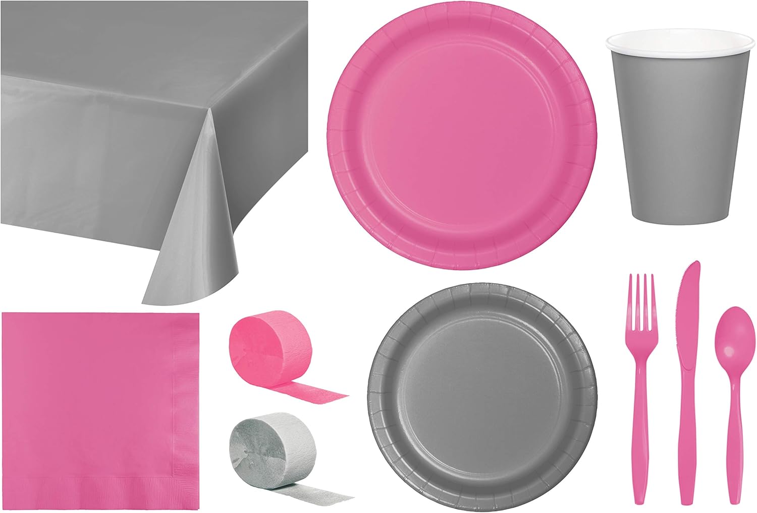 Baxters Party Bundle Bulk, Tableware for 24 People Silver and Candy Pink, 2 Size Plates Napkins, Paper Cups Tablecovers and Cutlery, Box of 199