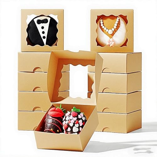 RomanticBaking 50 cajas de trufas de chocolate para 4 unidades, mini cajas de panadería con ventana para brownie, galletas, jabón, donas, macarrones