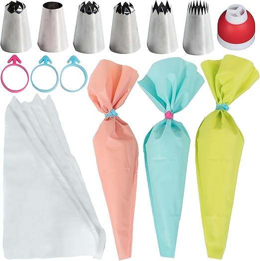 BAKETIVITY Frosting Piping Bags and Tips Set for Decorating Cakes, Cupcakes & More - Frosting Piping Kit with 3 Reusable & 30 Disposable Icing Bags, 6 Piping Tips, 3 Bag Ties & 1 Tri-Color Coupler