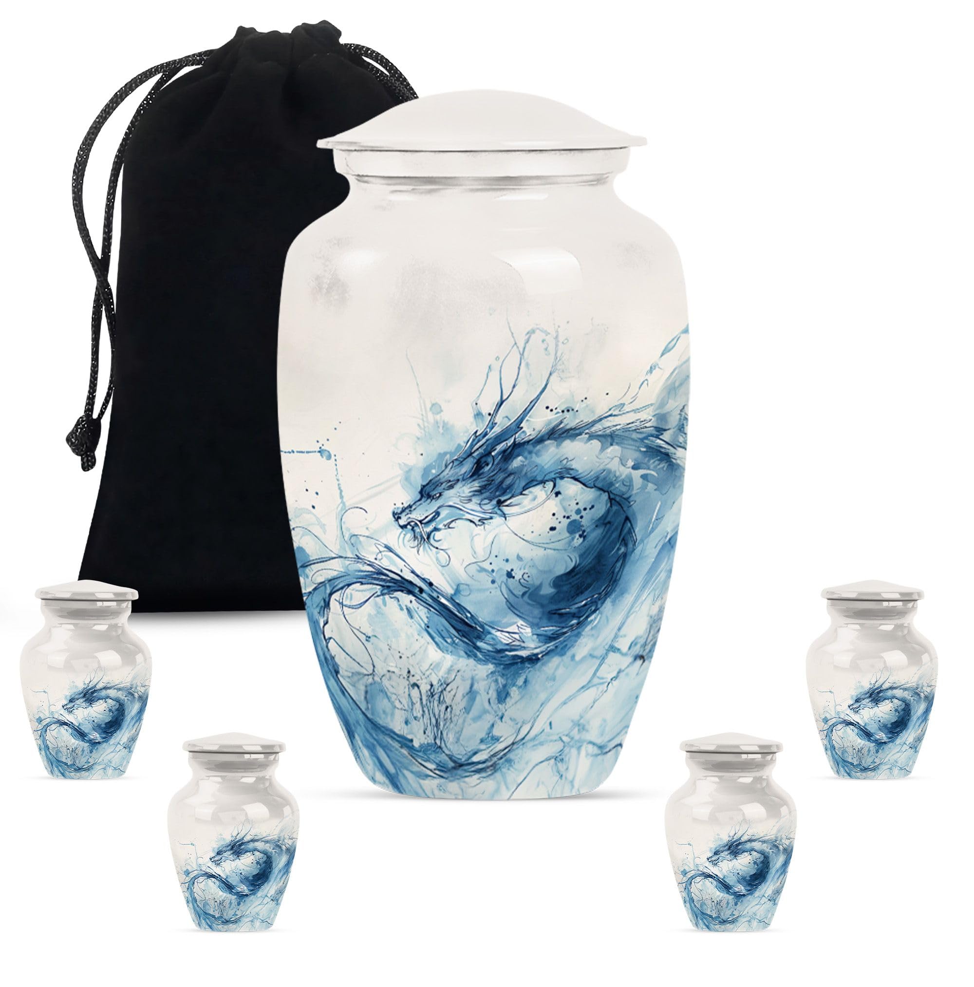YATHABHISA Dragon Urn, Burial Urns - Human Urns for Men & Women - Cremation Urns for Men - Combo of 1 Large Urn with Velvet Bag and 4 Small - Ashes Keepsake Urn - Large Urns - Funeral Urns, Black — image 1