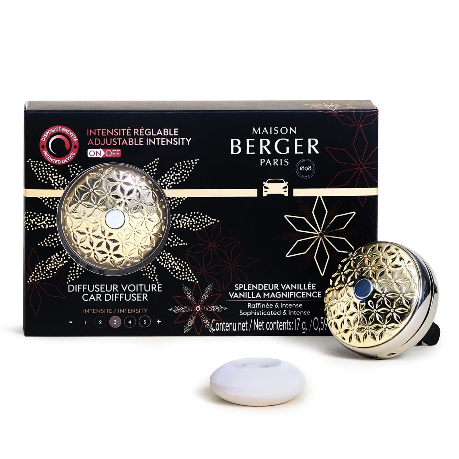 Maison Berger Car Diffuser Set – Refillable Vent Clip, Ceramic Refill, Made in France - Luxury Auto Scent - 4-Week Diffusion - Elegant Air Freshener for All Car Vents (Vanilla Magnificence)