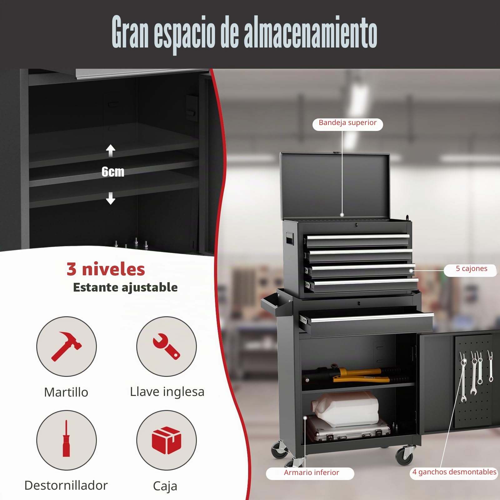 GOPLUS Carro de Taller Herramienta con Ruedas, Armario Completo, Carrinho Ferrramenta con 5 Cajas, Ganchos, 3 Estantes Ajustables y Alfombrillas Antideslizantes para Mecanico, Hogar (Negro)