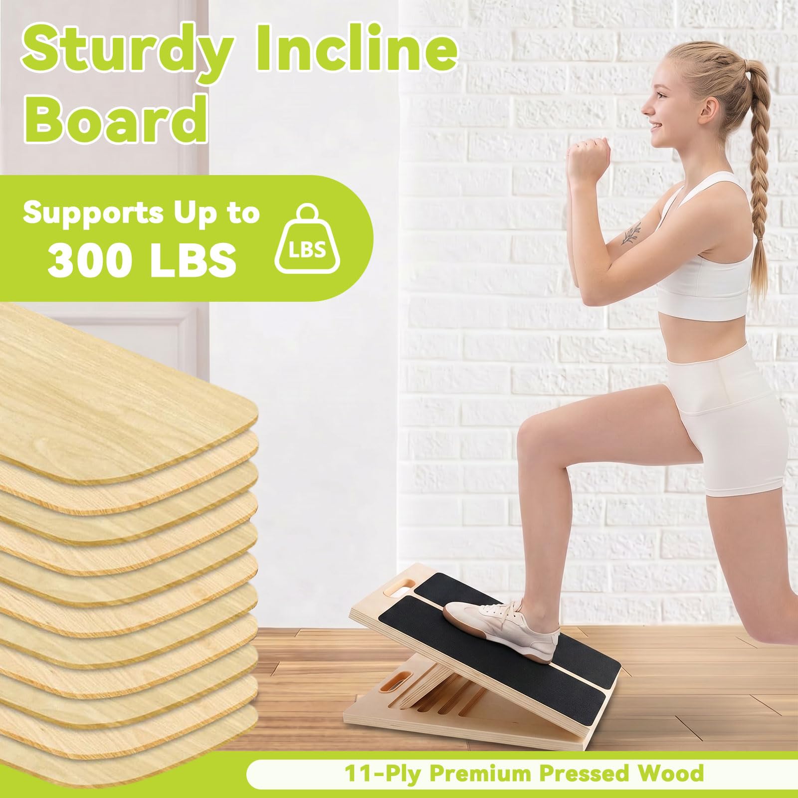 Tavola Inclinata Regolabile in Legno per Allungamento del Polpaccio, Slant Board con Maniglia, per Stretching, Squat, Tallone, Caviglia