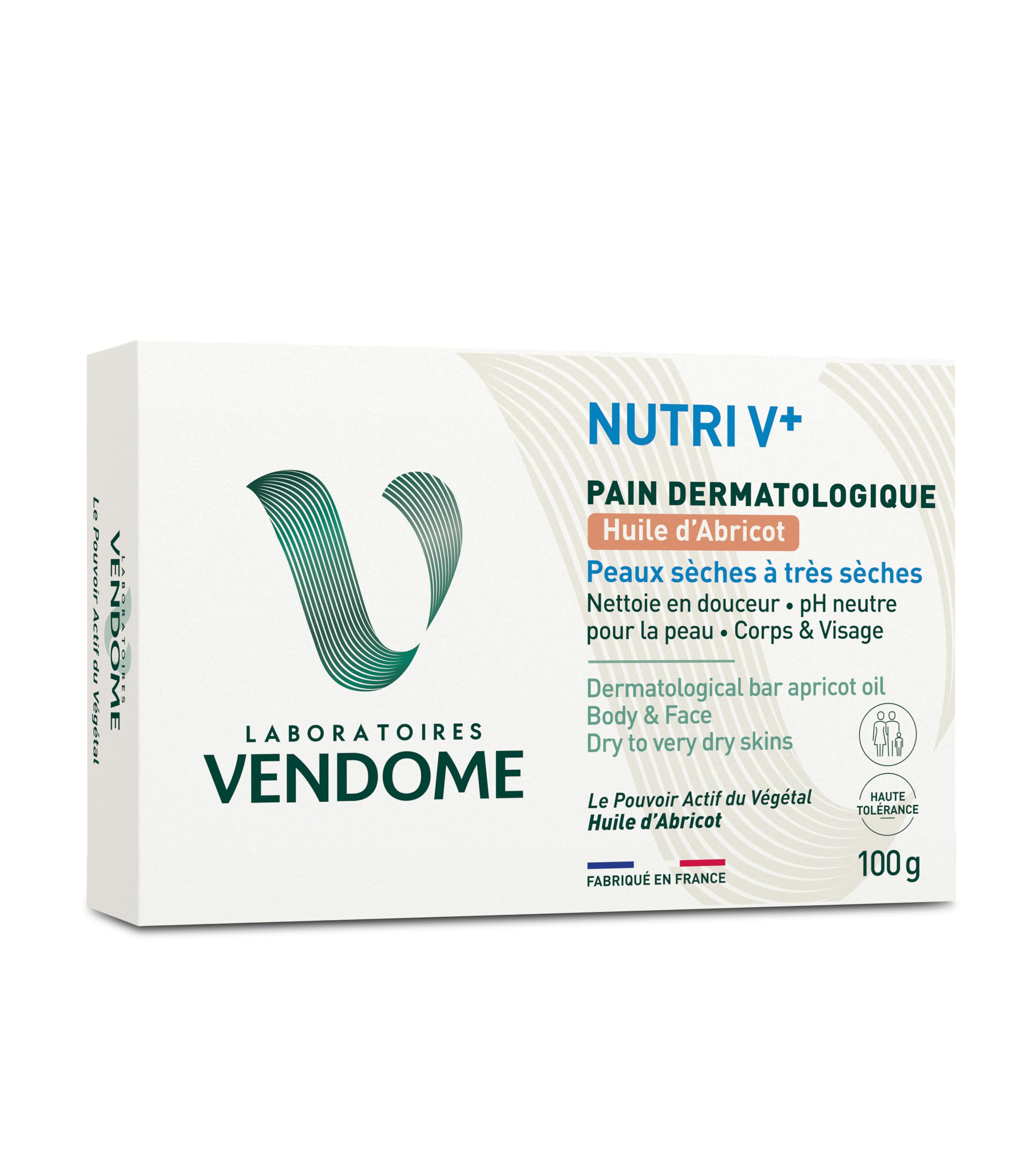 LABORATOIRES VENDÔME - NUTRI V+ - Pain Dermatologique Huile d'Abricot - Corps & Visage - Nettoie en Douceur & Nourrit - pH Neutre & Sans Savon - Haute Tolérance - Peaux Sèches à Très Sèches - 100g