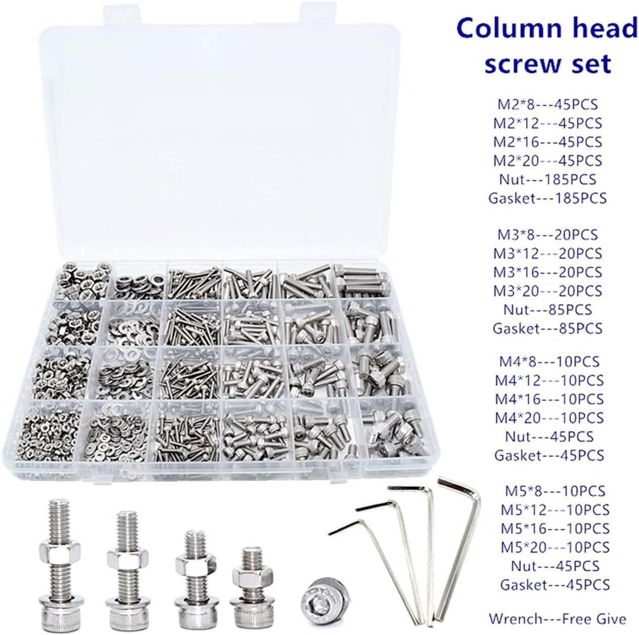 Youngran 1060pcs/BoxHex Socket Screws Set M2 M3 M4 M5 304 Stainless Steel Flat Round Cap Head Screws Bolts Gasket and Nuts Assortment Kit Leisurely (Color : Cylindrical 1060pcs)