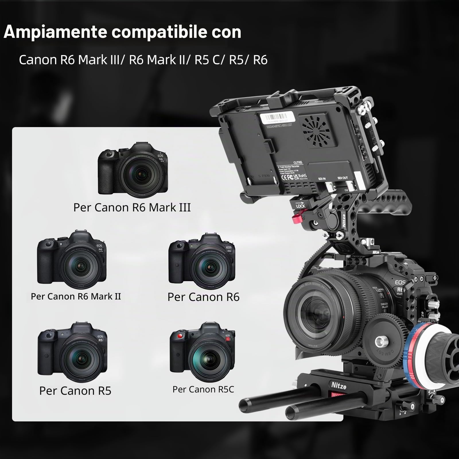 Nitze Gabbia Compatibile con Canon EOS R6 Mark III/ R6 Mark II/ R5 C/ R5/ R6 Fotocamera, Camera Cage con Guida NATO Integrata, Doppia Cold Shoe e Piastra Sgancio Rapido Arca - T-C04A