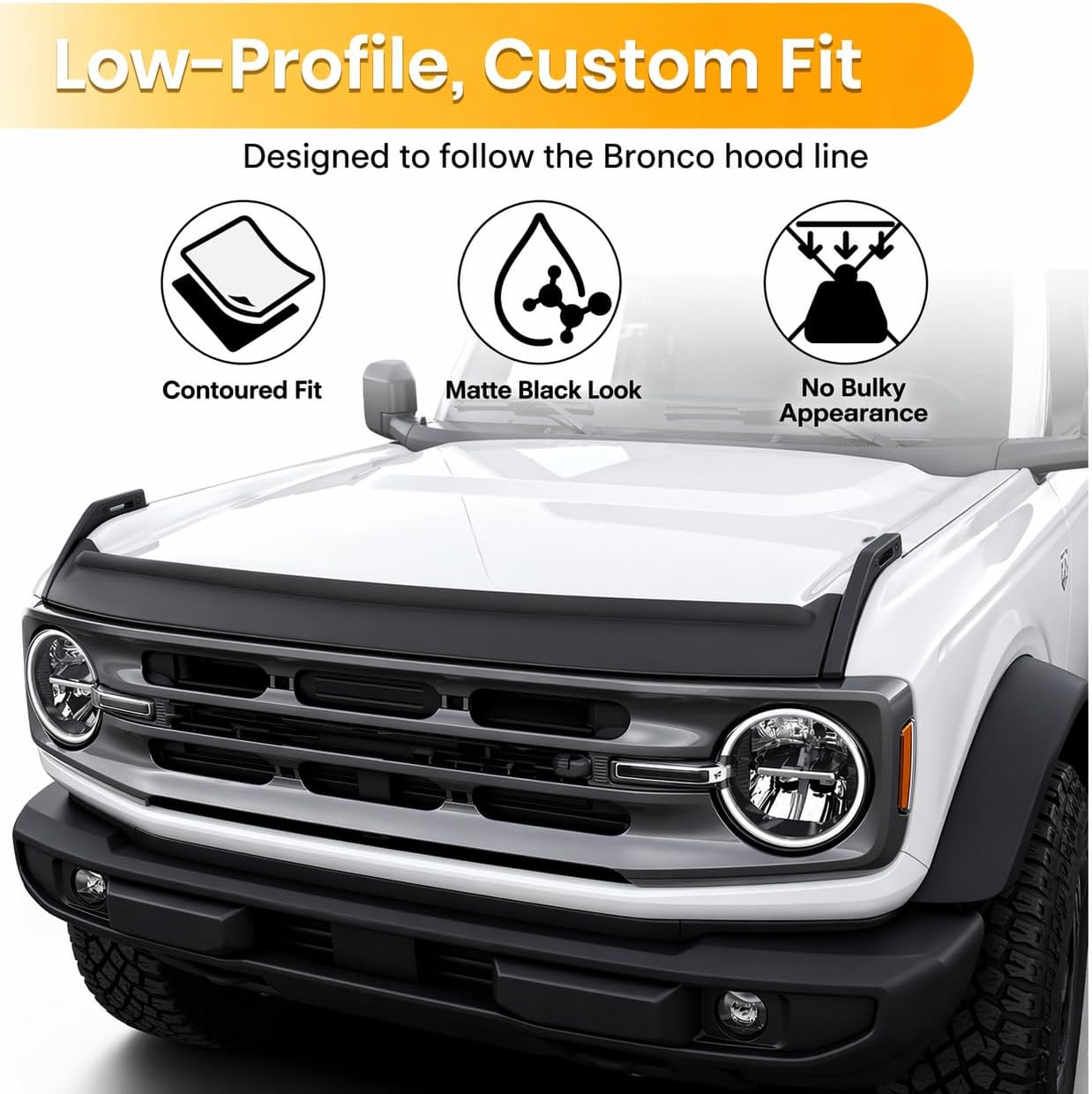 Bronco Hood Deflector for 2021-2026 Ford Bronco 2-Door & 4-Door, Matte Black ABS Bug Shield, No-Drill 3M Tape, Low-Profile Hood Deflector Against Bugs & Road Debris, Not for Bronco Sport
