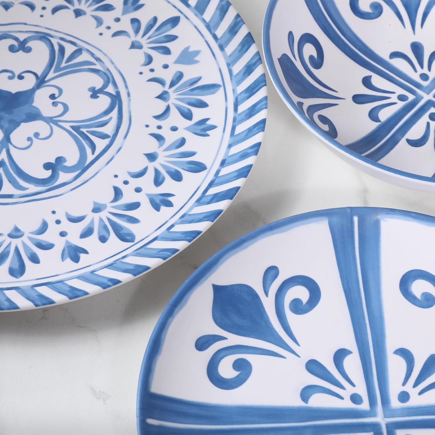 Melamine Dinnerware Sets for 4, 12-Piece Plates and Bowls Sets - 4 Dinner Plates, 4 Salad Plates, 4 Cereal Bowls - Shatterproof & Lightweight for Indoor/Outdoor Dining, Embossed Textures