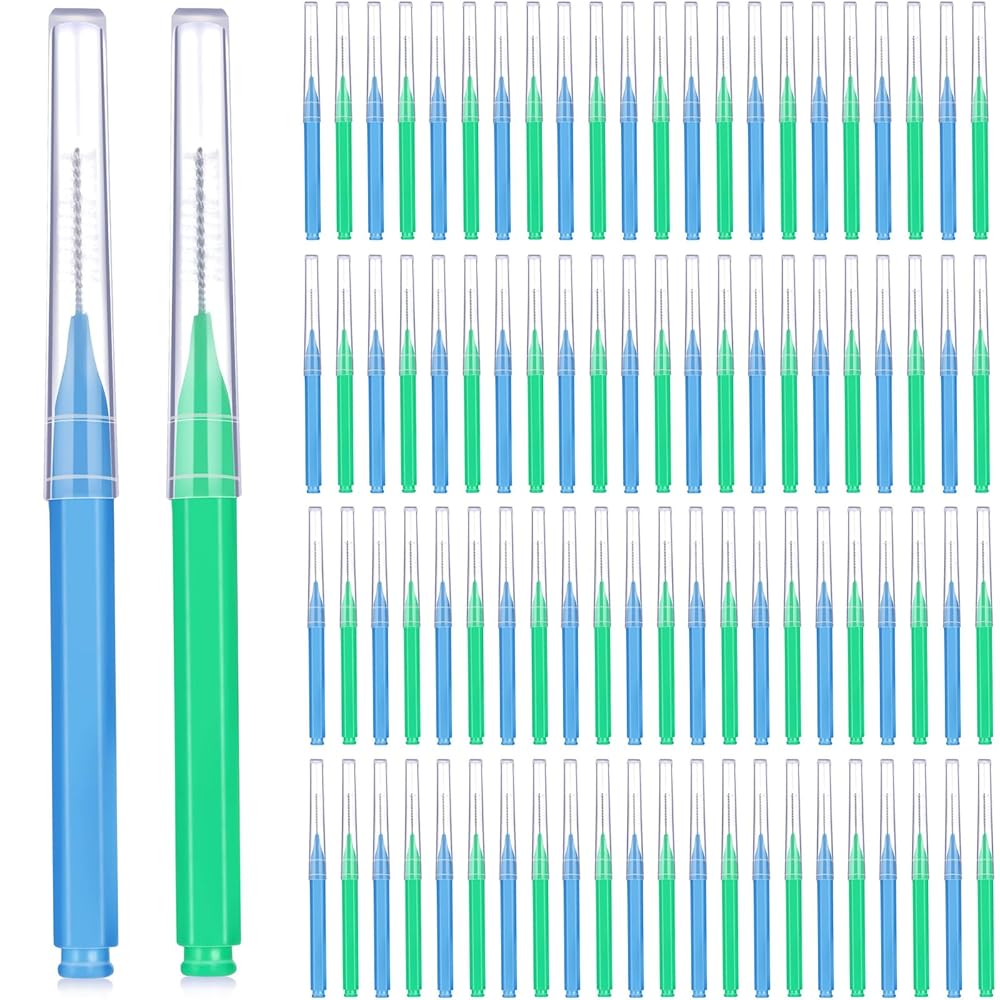 Patelai 100 Pieces Braces Brush for Cleaner Interdental Brush Toothpick Dental Tooth Flossing Head Oral Dental Hygiene Flosser Toothpick Cleaners Tooth Tool(Blue, Green,Elegant Size)