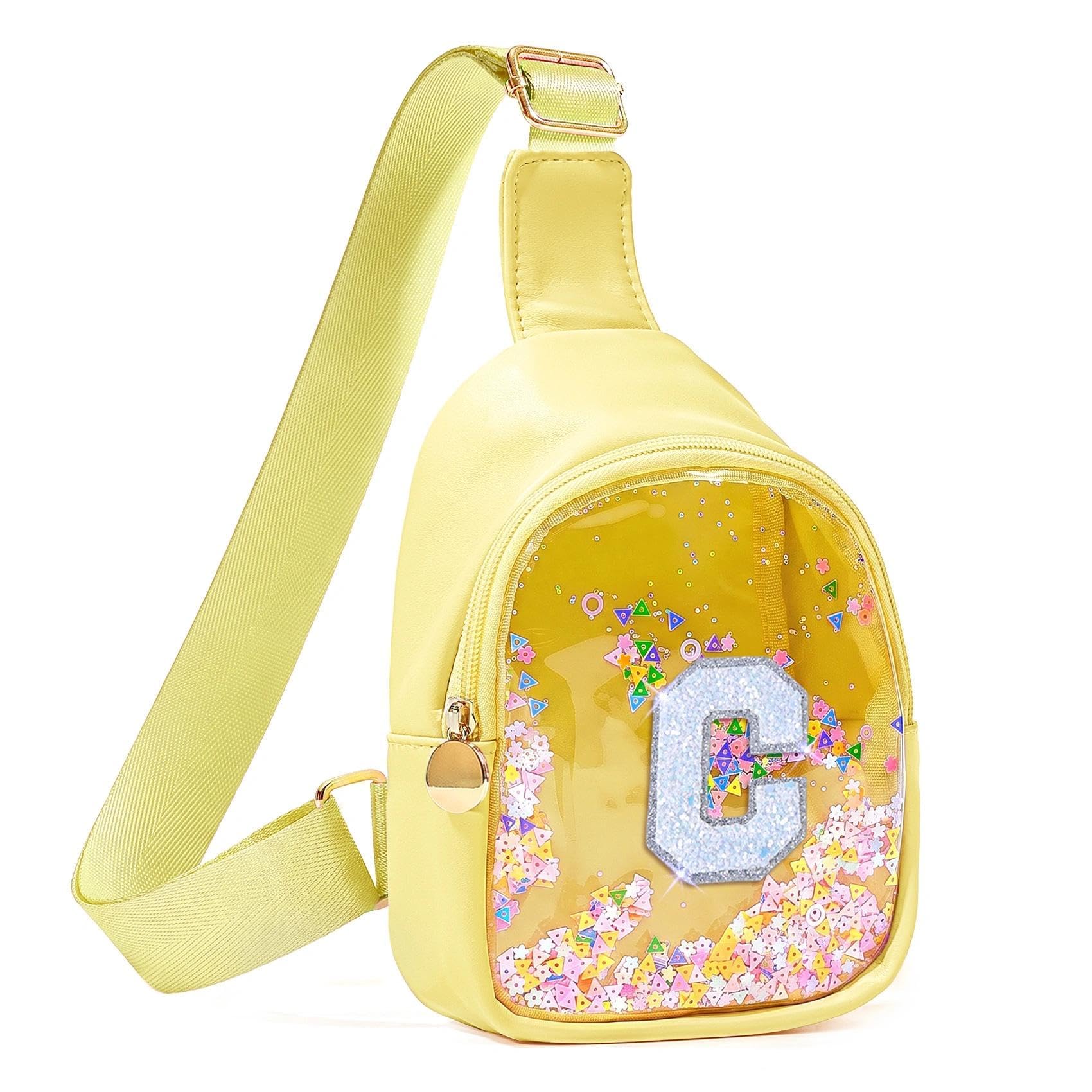 COSHAYSOO Personalized Christmas Birthday Gifts Burr Basket Stuffers for Girls Yellow Purse Sling Bag Crossbody Girl Cute Funny Cool Mini Travel Fashion Accessories Monogrammed Initial Letter C