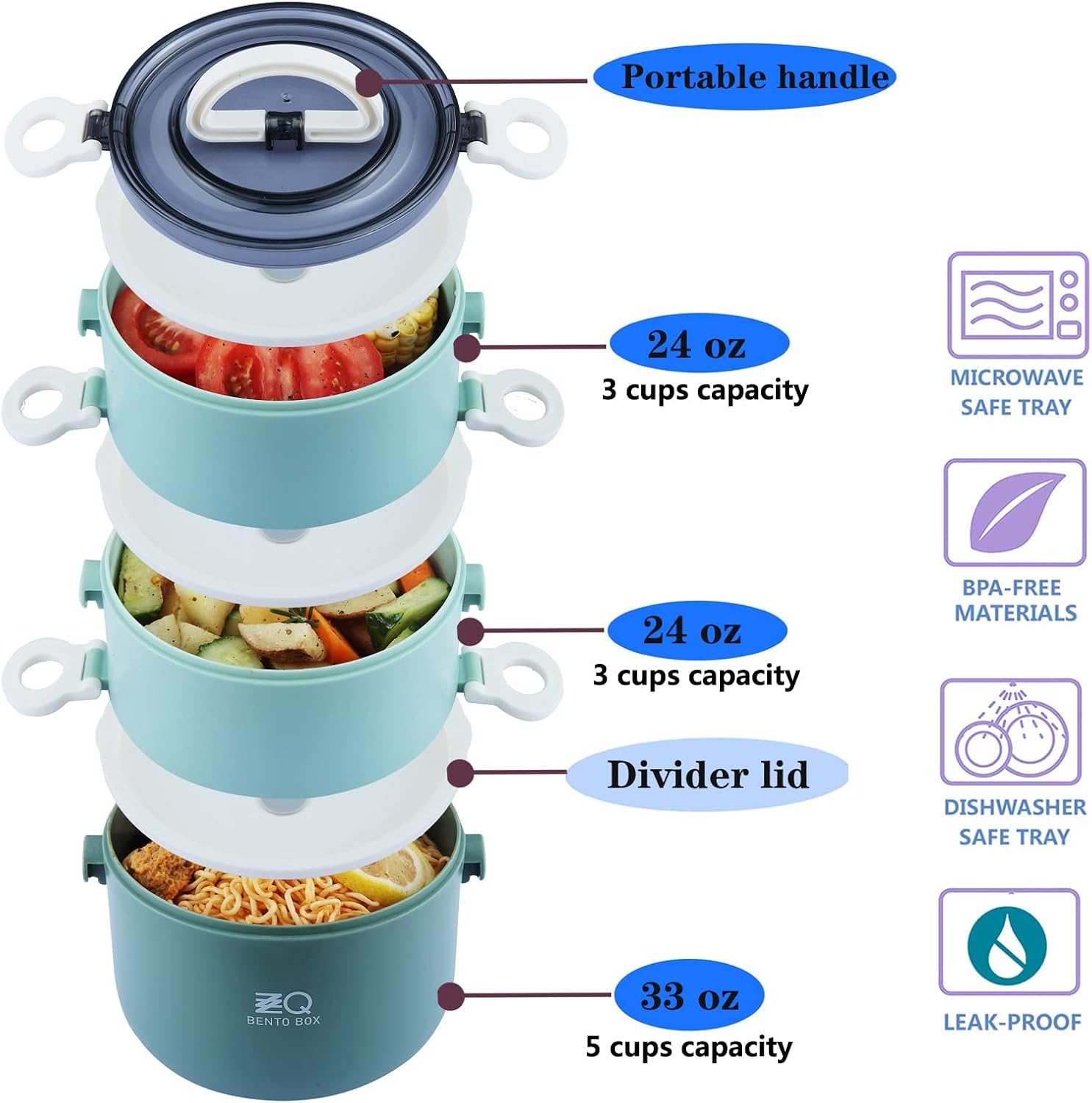 3-Tier Stackable Lunch Box Adult Bento Box Set with Thermo Bag, Utensils image 2