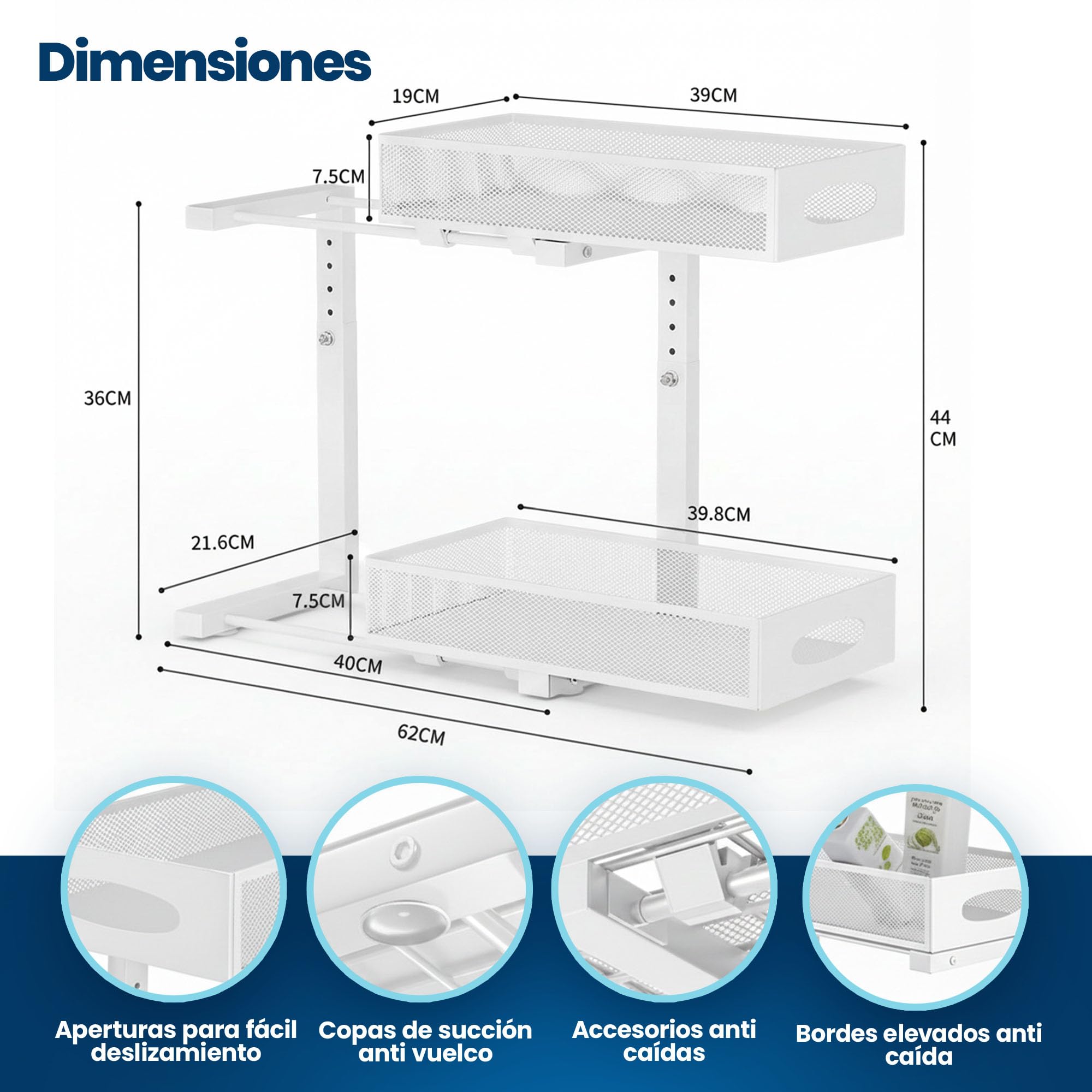 MARFRAND Organizador Bajo Fregadero. Organizador Armario Cocina. Bandeja Extraible Armario. Con accesorios anti vuelco. Incluye Colgador para Esponja de Cocina para Fregadero. - 3