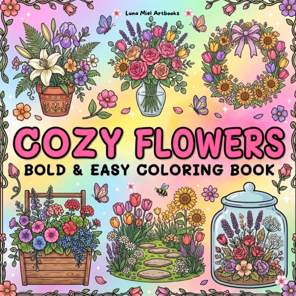COZY FLOWERS, bold and easy coloring book: 57 Big and Simple Designs for Adults, Seniors, and Kids (Dreamy Cozy Worlds)