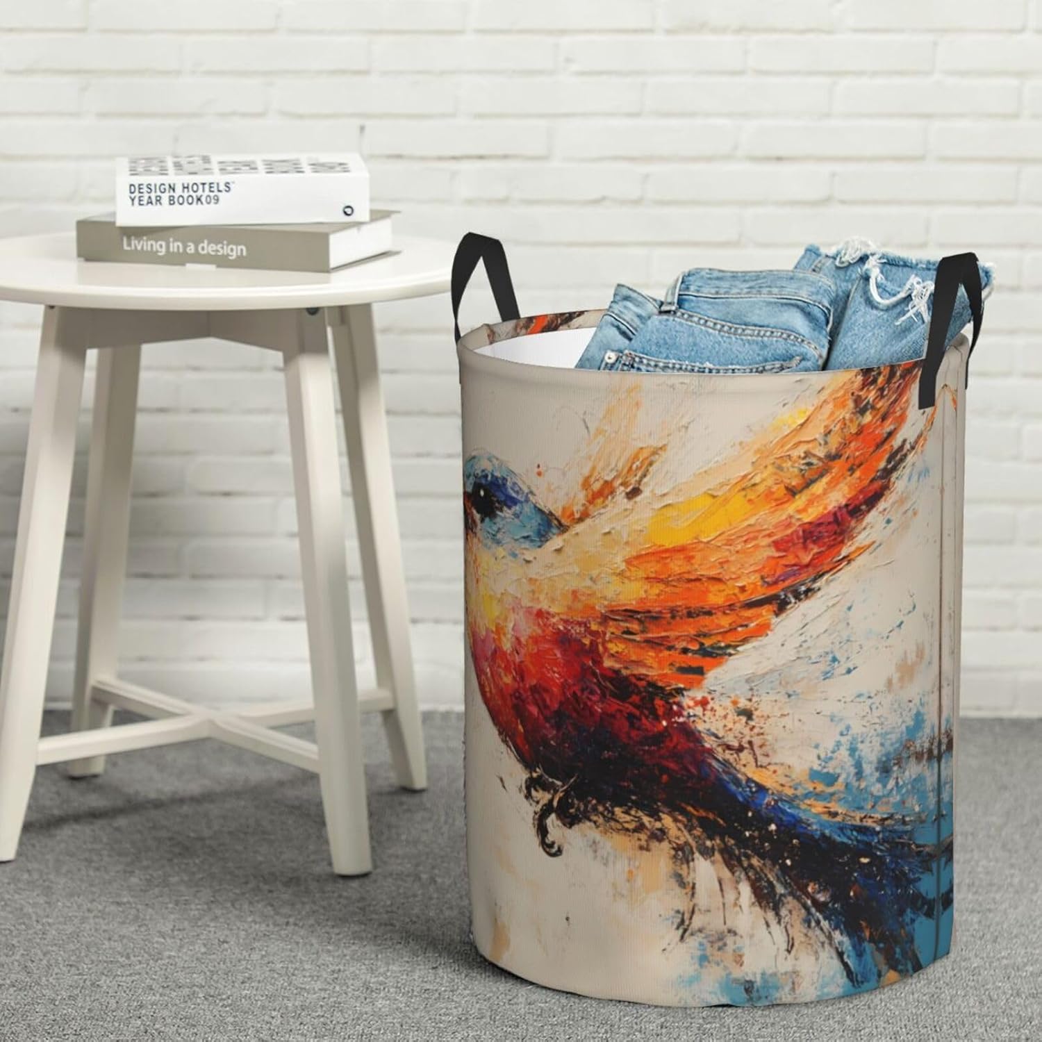 Bird pattern Round Single-layer Laundry Basket, Portable Storage Laundry Basket, Bedroom Clothes Storage Basket with Handle