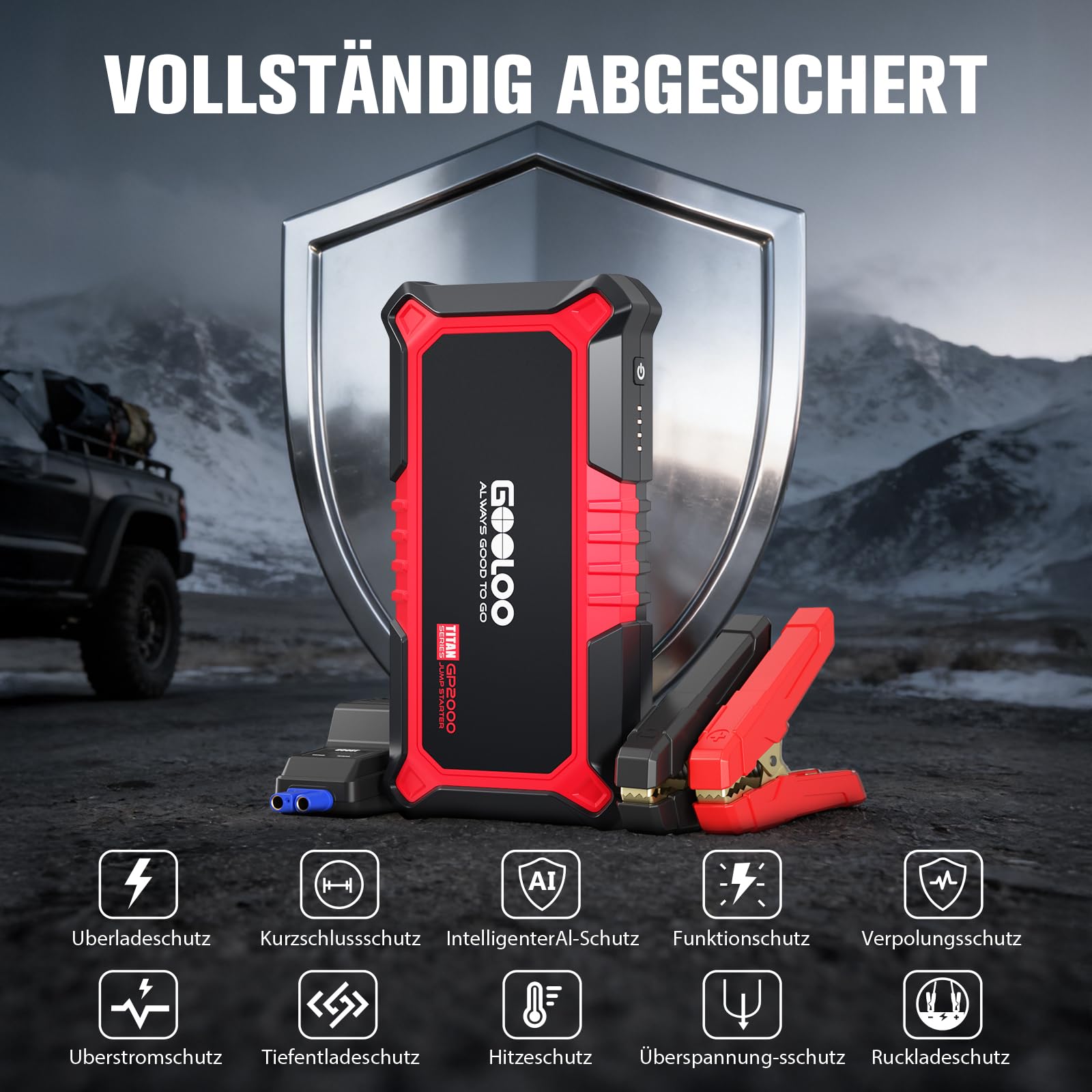 GOOLOO GP2000 Starthilfe Powerbank für Pkw, 2000A Supersafe Auto Starthilfe Powerbank für 12V (Bis zu 8.0L Benzin & 6.0L Diesel), Booster Autobatterie mit USB-Schnellladung, Starthilfekabel und LED