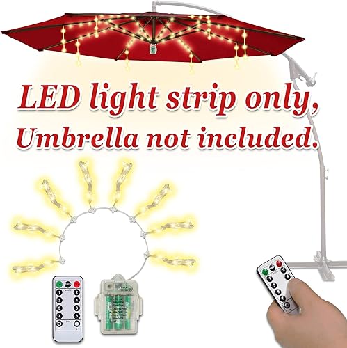 Miniatura 7 de Luces para sombrilla de patio, 8 modos de iluminación, 104 luces LED con control remoto, funciona con pilas, para restaurante, cafetería, jardín, al