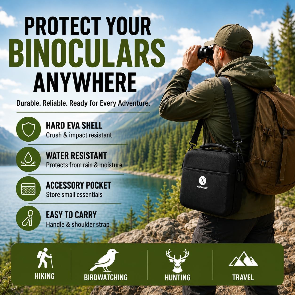 Binocular Case, Hard EVA Protective Storage Case with Water-Resistant Exterior, Carry Handle & Shoulder Strap, Fits Most Compact and Mid-Size Binoculars for Hiking, Hunting, Birdwatching & Travel