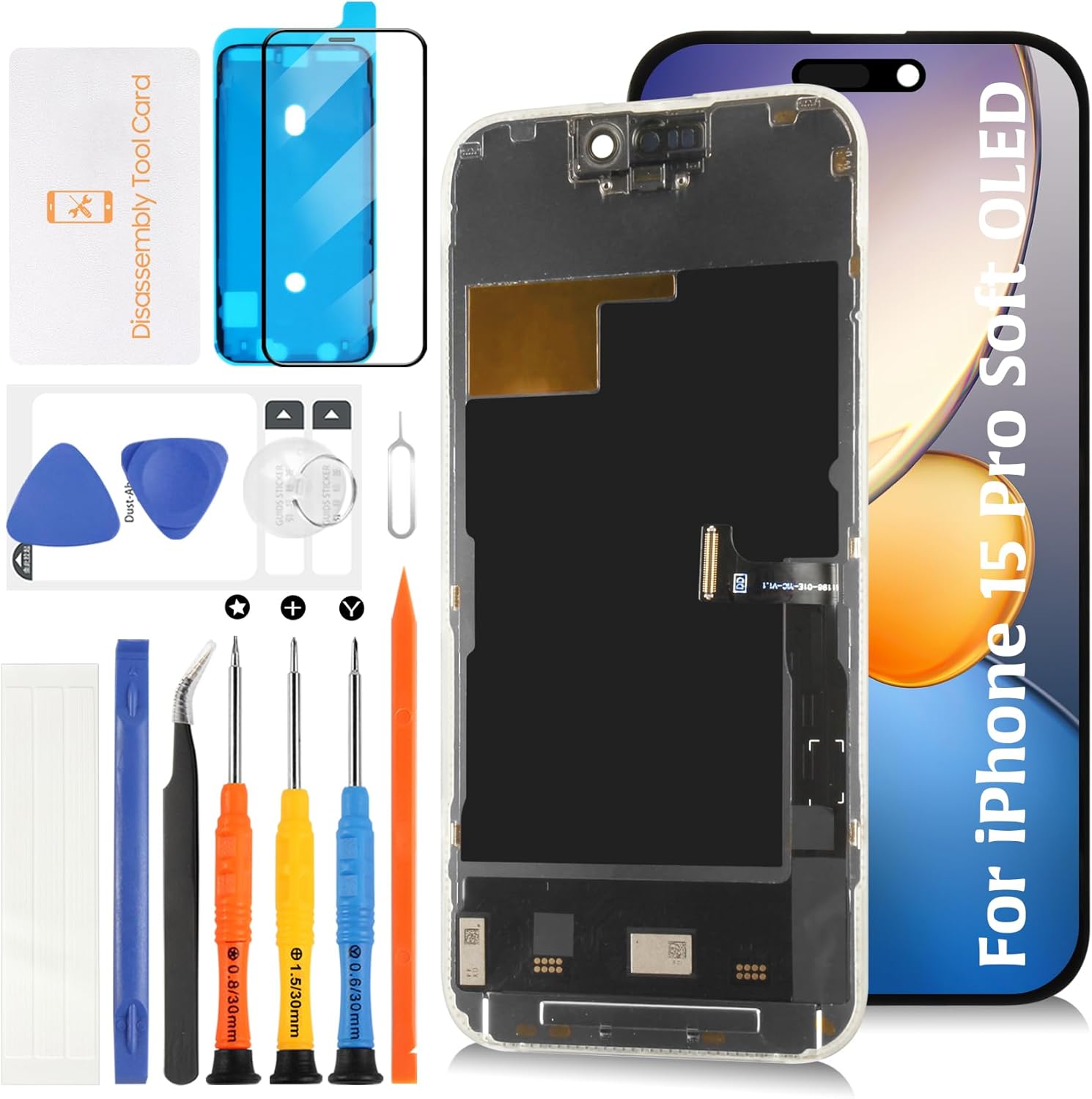 Soft OLED for iPhone 15 Pro [120Hz Promotion+Proximity Sensor Cable] 3D Touch Screen Replacement 6.1 inch Display Assembly Touch Digitizer A3102 A2848 A3101 A3104 with Repair Tools