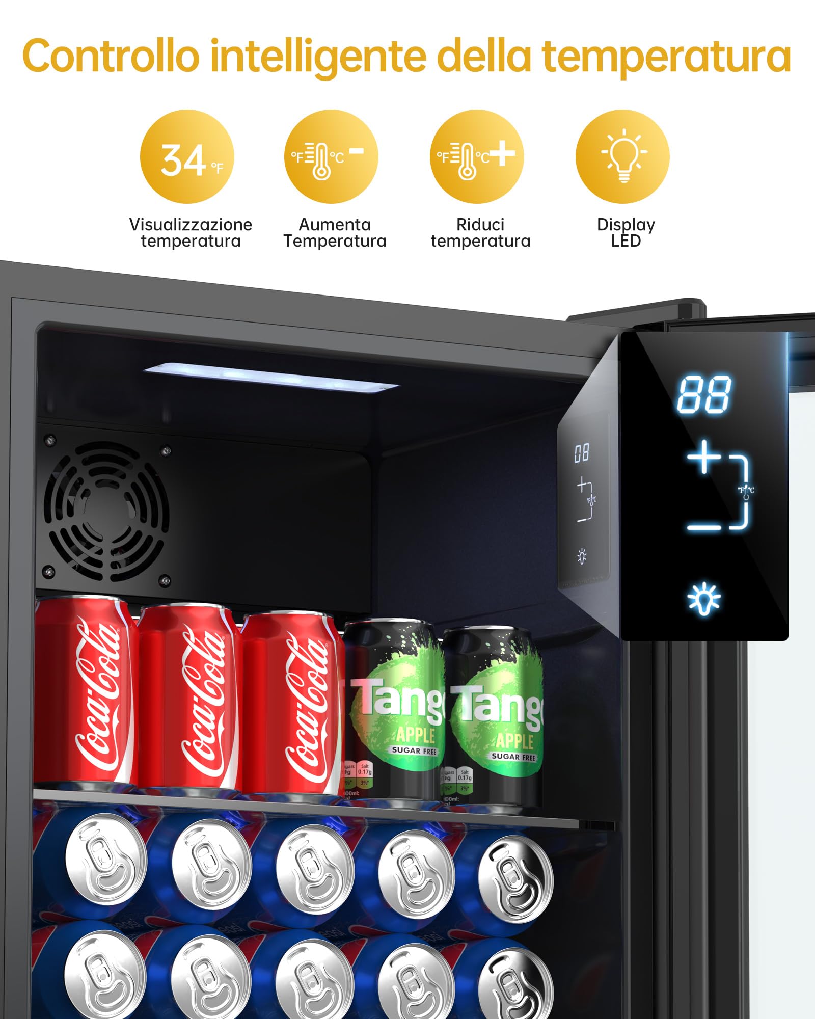 WIE Professional Mini Frigo per Bevande, Frigorifero per Bevande Con Porta in Vetro, 3 Ripiani Regolabili, Controllo Intelligente, Porta Reversibile, Perfetto per Casa/Bar/Ufficio/Hotel (Nero 86L)