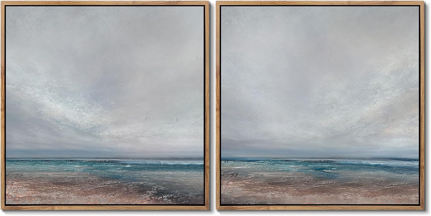 Gardenia Art Large Framed Coastal Canvas Print Wall Art Modern Beach Scene Artwork Classic Blue Ocean View Illustrations Fine Art for Living Room Bedroom Bathroom Decoration 20"x20" Set of 2 Natural AH25-01-Blue Coastal 20L" x 20W"