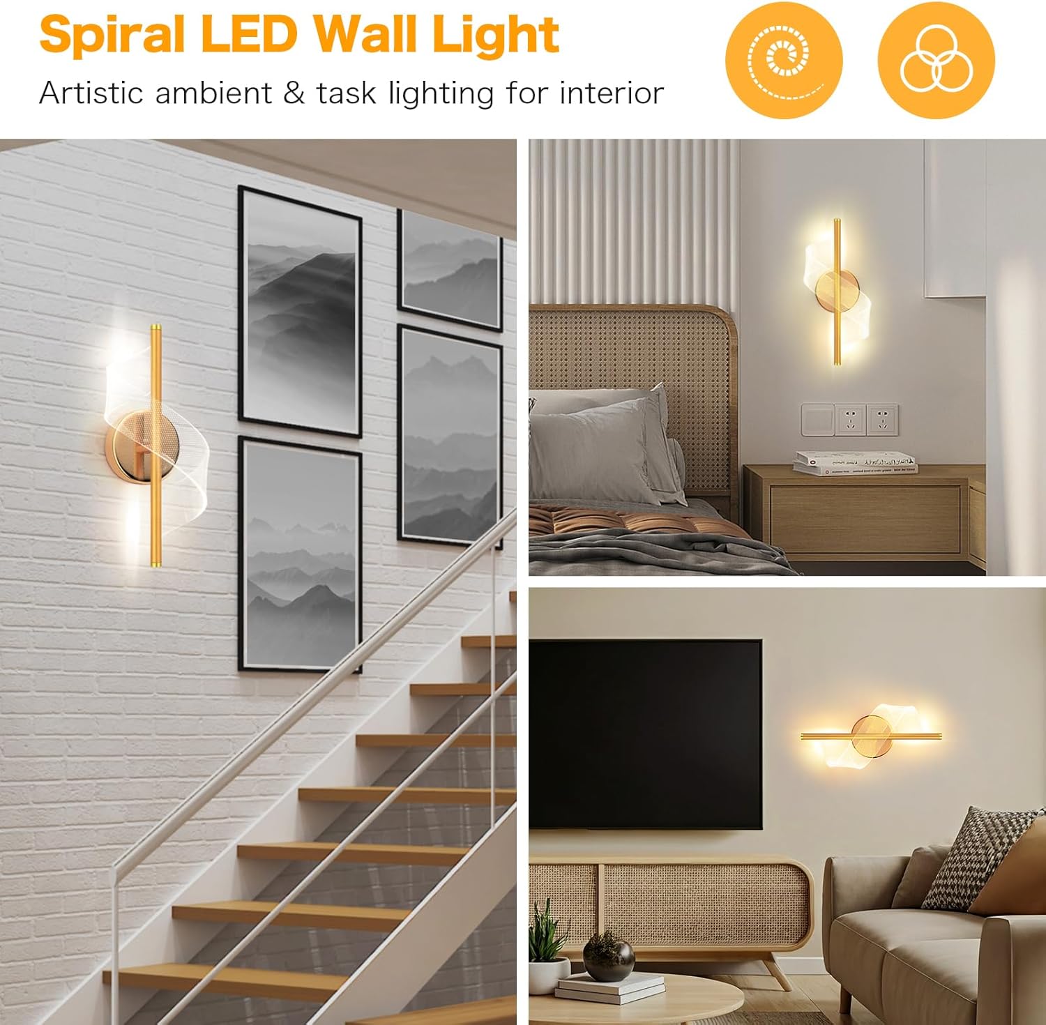 Modern LED Wall Sconce - 12" Height Spiral Wall Lamp with Acrylic Shade - 3000K 4000K 6000K Indoor Hardwired Wall Fixture for Bedroom Living Room Hallway Corridor (Gold 1pack)