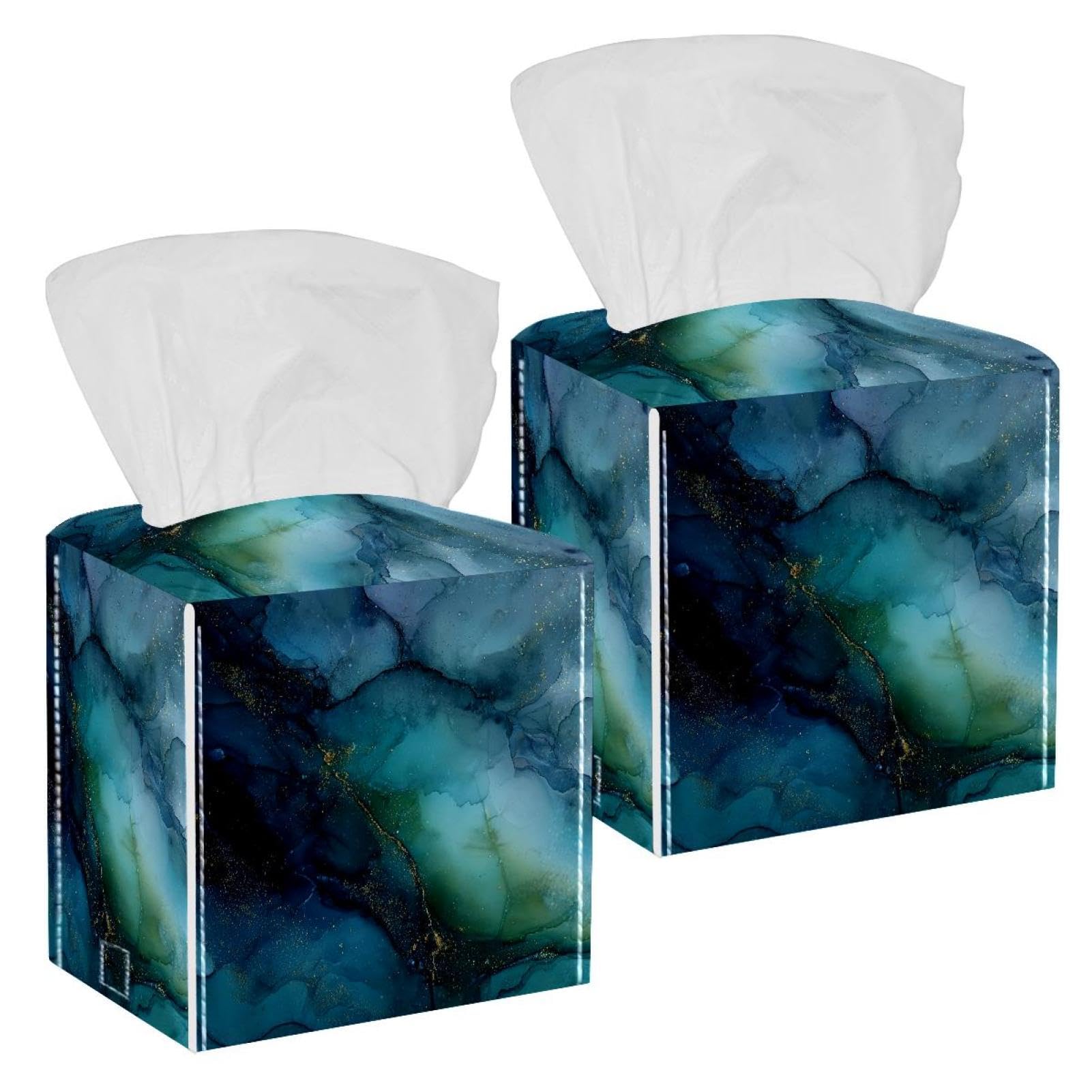 Marble Texture Tissue Box Cover, 2 Pack PU Leather Square Facial Tissue Dispenser Box holder for Home Office Car