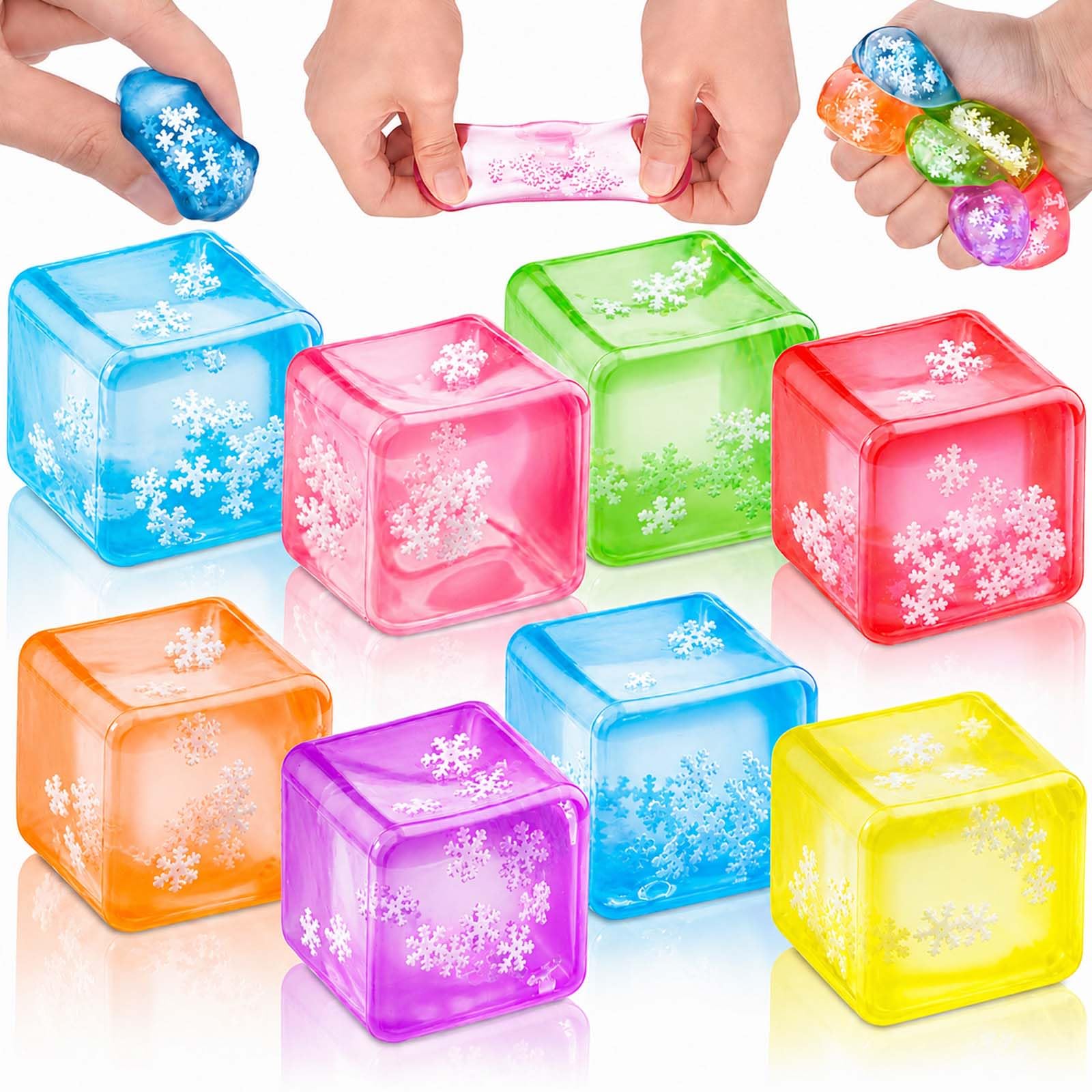 Squishy Stress Cube 8 Pack, Ice Cube Stress Ball with Snowflakes Inside