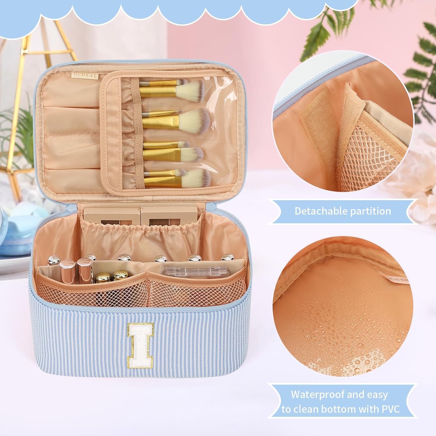 OCHEAL Makeup Bag for Women, Monogram Cosmetic Bag Blue Travel Makeup Case Beauty Toiletry Bag Organizer Personalized Gifts for Girls Bridesmaid, Sister, Wife, Friends Initial I image 5