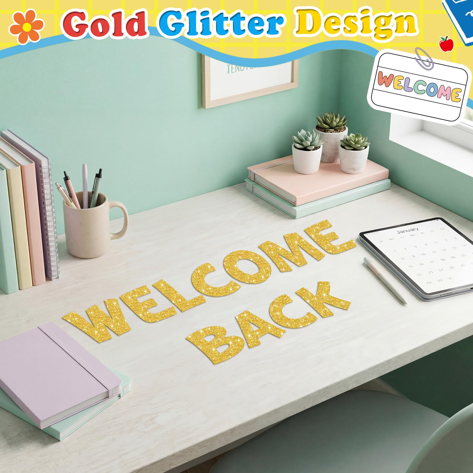 Colarr 144 letras con purpurina para tablón de anuncios para el aula, número del alfabeto, símbolo de puntuación, recortado, 4 pulgadas, letras troqueladas con puntos adhesivos, decoración de fiestas