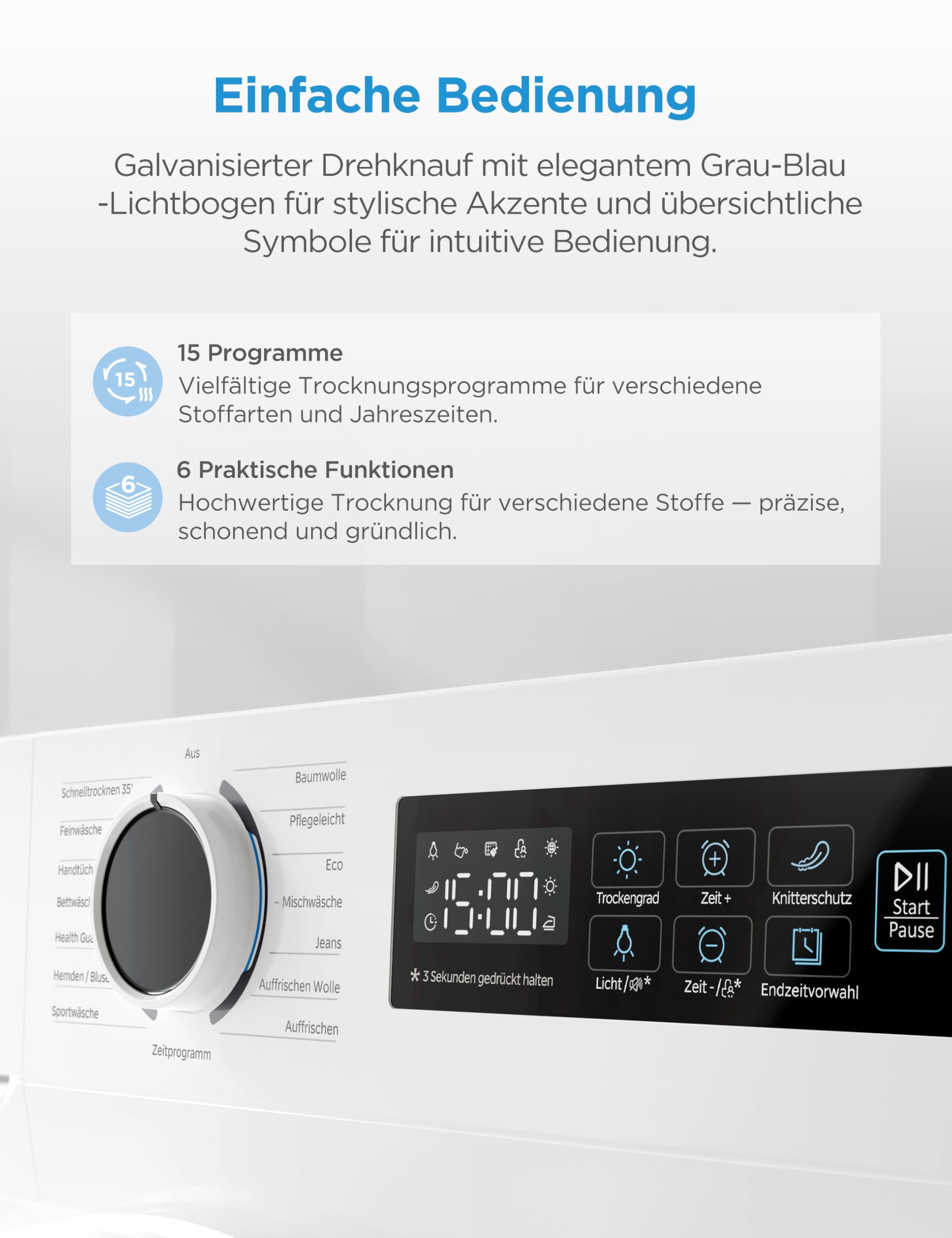 Midea MD11EH80BD Wärmepumpentrockner, 8 kg, Energieklasse D, Schnelltrocknen 35', HealthGuard, Sensor-Trocknung,Auffrischen,Knitterschutz, Auffrischen Wolle, Weiß - 4